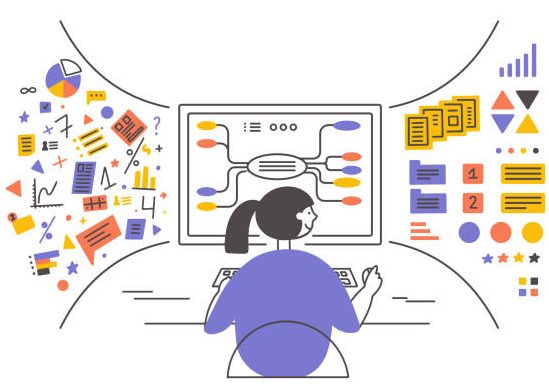 Data analysis, database visualization. Young woman sitting in front of big computer monitor sorting information. Girl working using digital mind map. Charts, data graphic analyzing vector illustration. 