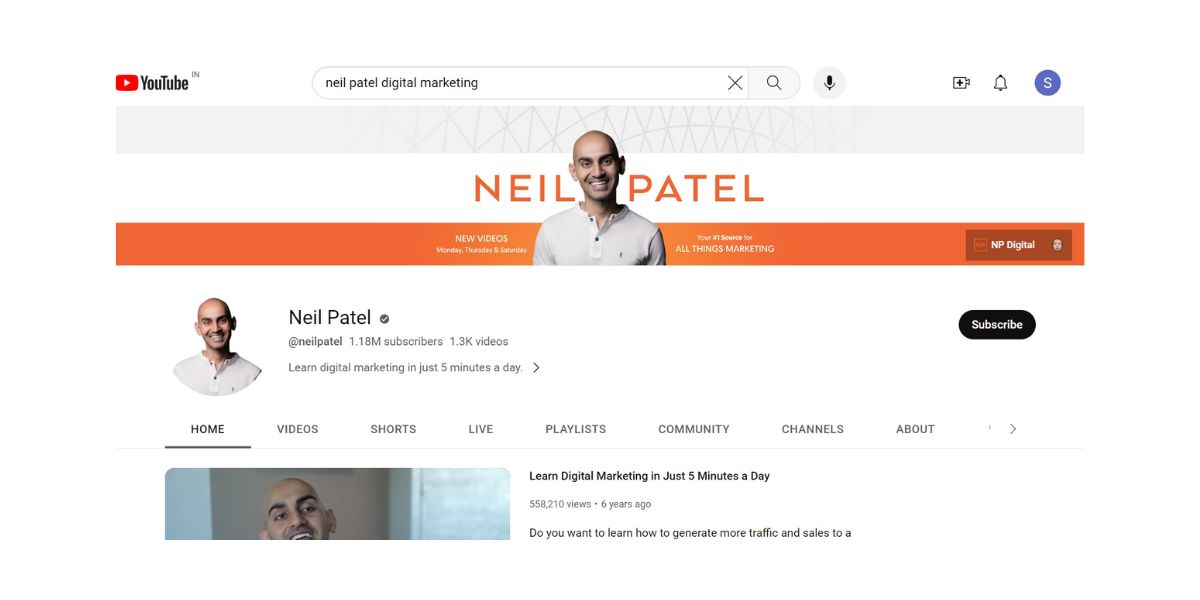 Neil Patel's digital marketing youtube channel