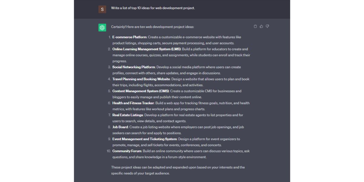 chatgpt repsonse for top 10 project ideas for a web development project