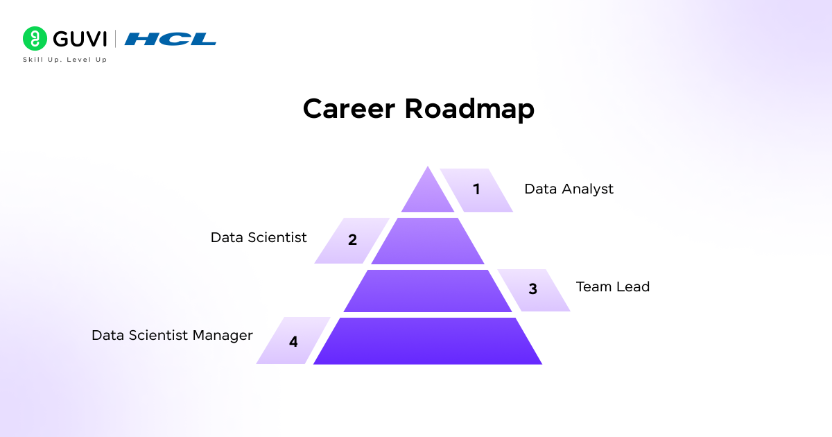 A step-by-step career roadmap showing progression from Data Analyst → Data Scientist → Team Lead → Data Scientist Manager.
