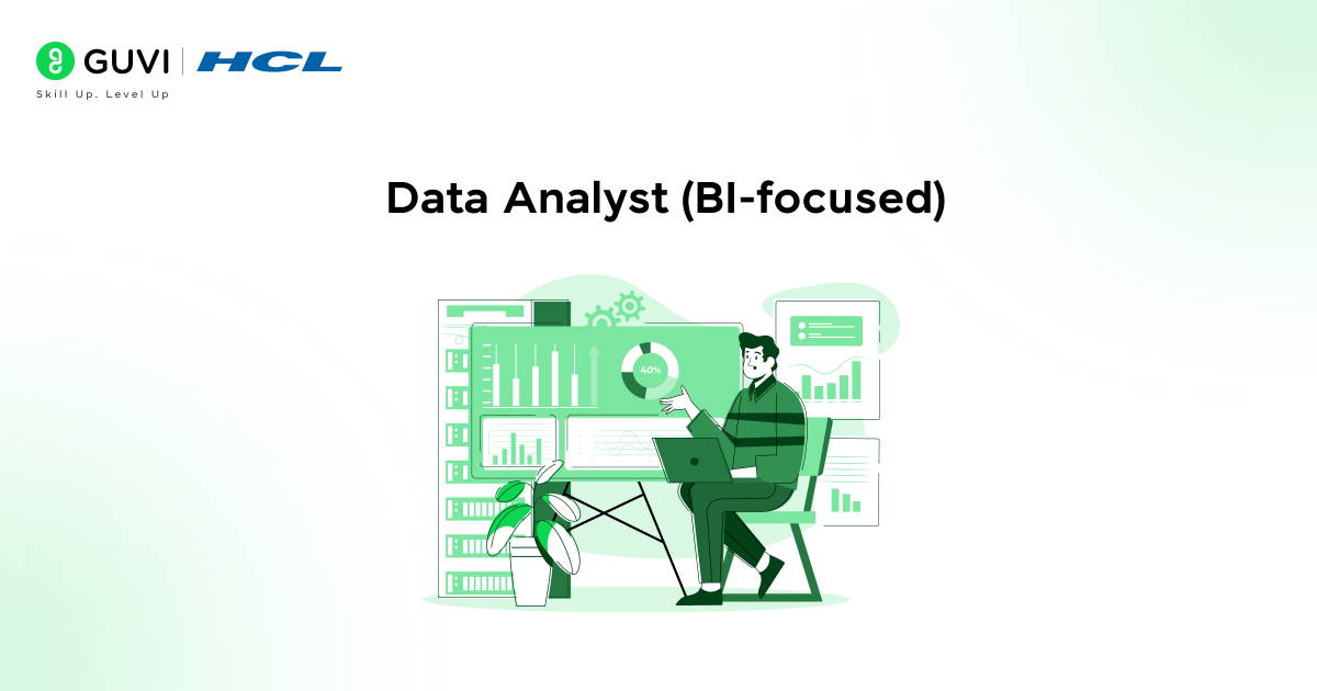 Visual showing a data analyst with data tables and analytics reports