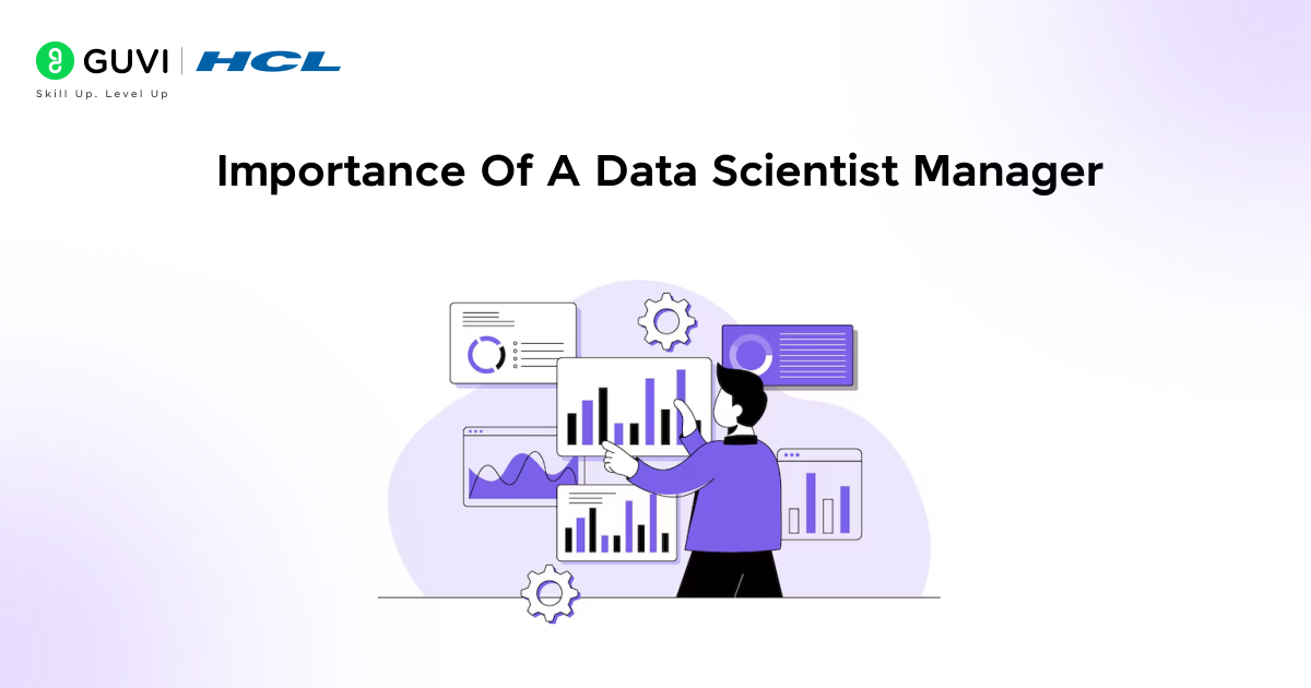An infographic of a data scientist manager collaborating between business and data teams, with visuals of planning boards and performance analytics.