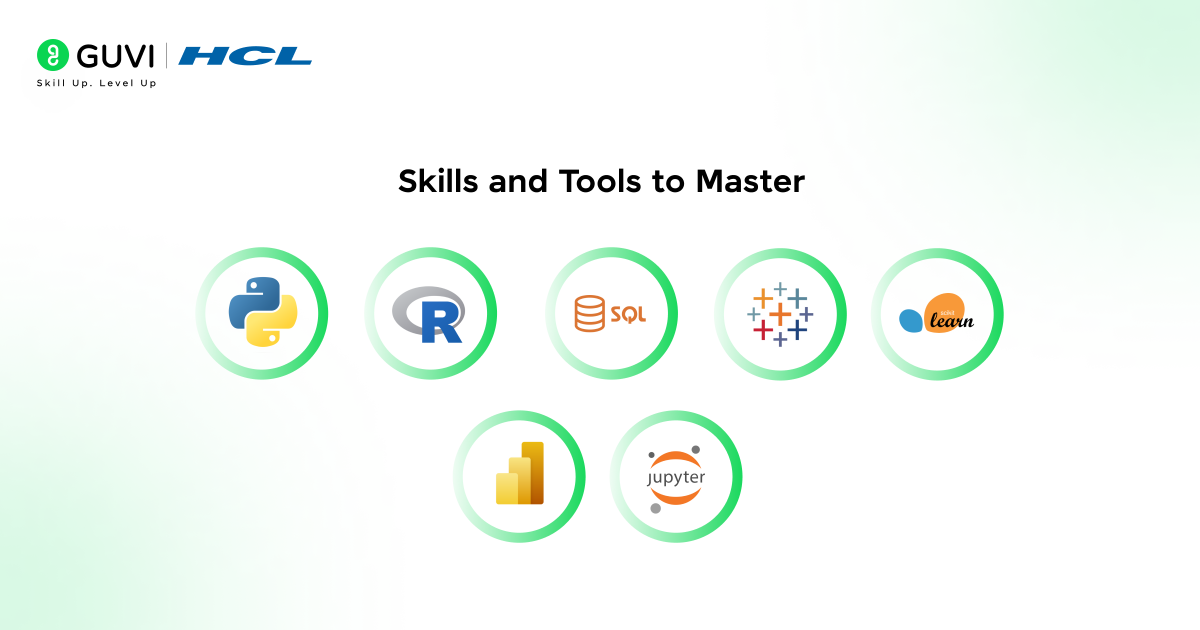 How to Change Your Career from Marketing to Data Science? 11 Icons of Python, SQL, Tableau, Power BI, Scikit-learn, Jupyter Notebook as skills and tools to master.