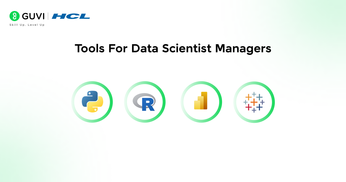  Icons of tools to master for Data Scientist Managers such as dashboards, and analytics tools like Python, R, Tableau, Power BI, and Slack logos.