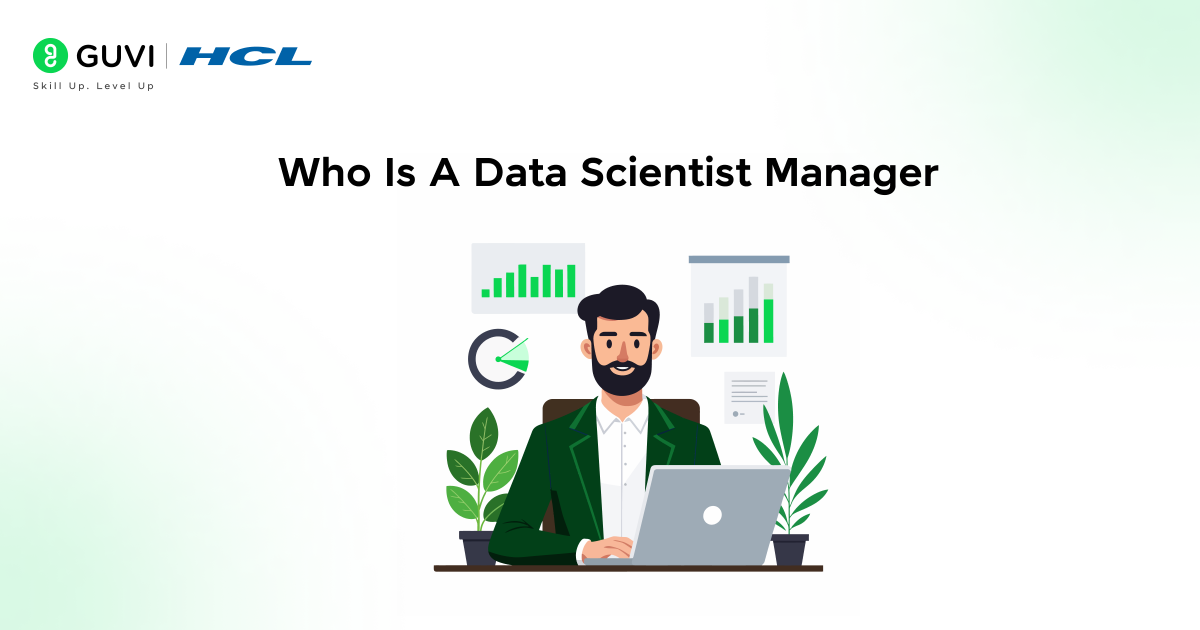  A data scientist manager in front of data dashboards or charts on a screen, representing leadership and analytics.