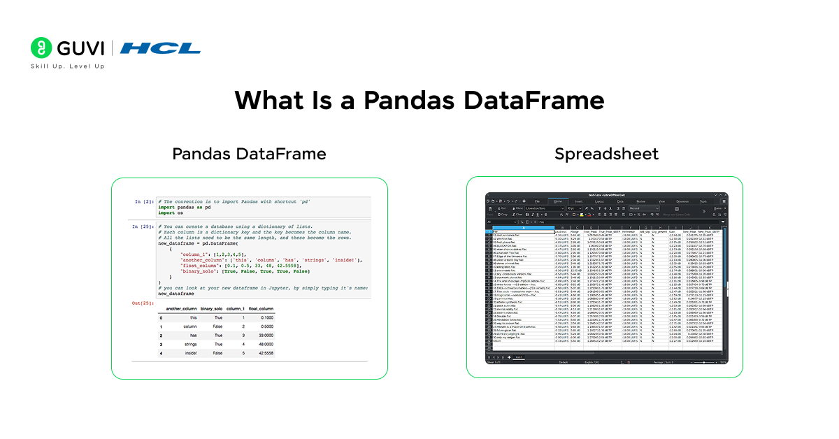 Pandas DataFrame 1 Infographic showing a pandas dataframe and a spreadsheet