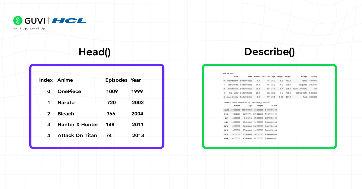 Pandas DataFrame 5 Illustration showing a DataFrame where functions like head(), describe() interact with rows and columns during data analysis.