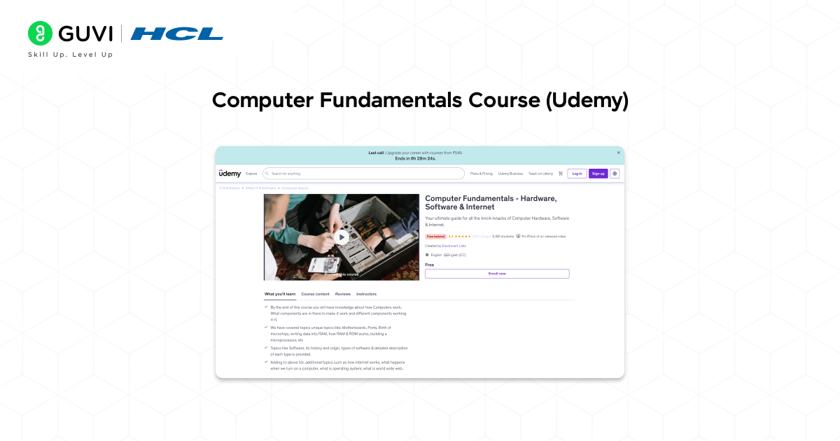Infographic of the screenshot of the Computer fundamentals course by udemy.