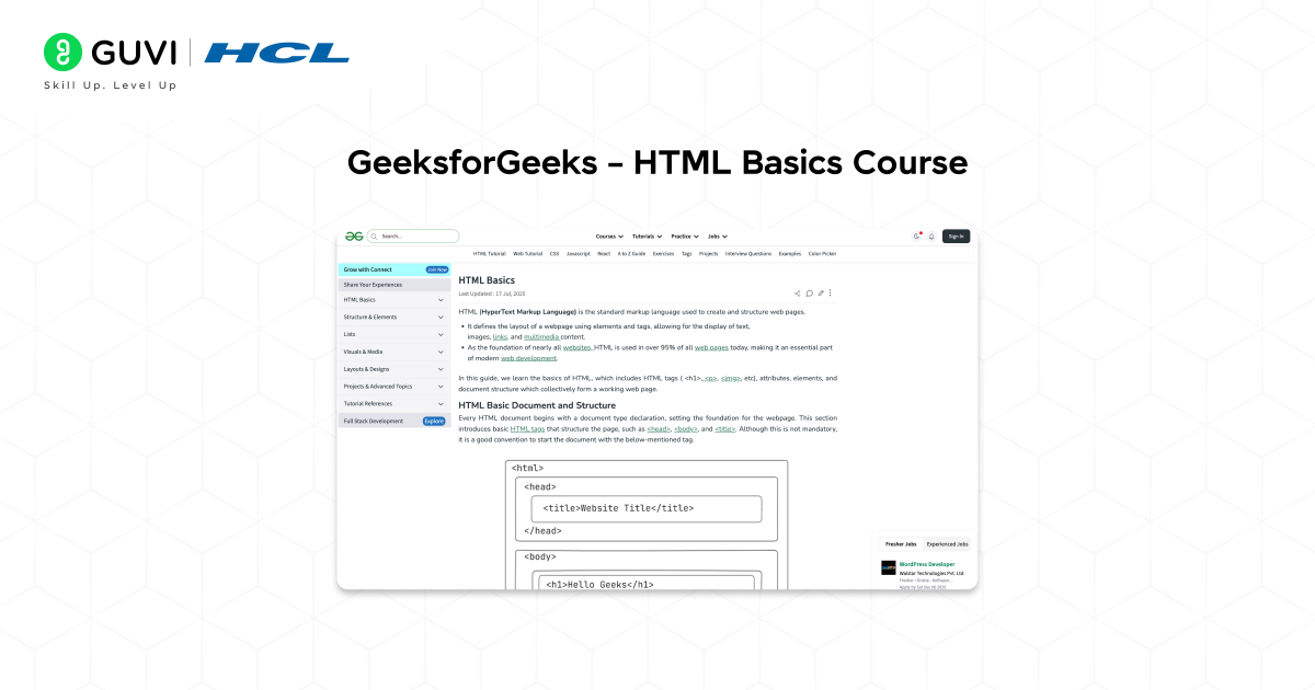 Free HTML Course with Certificate 9 Infographic shows the GeekforGeeks - HTML basic course