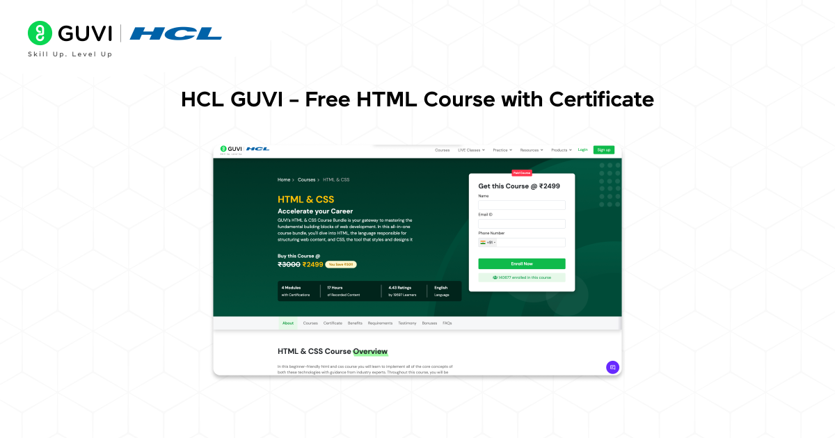 Free HTML Course with Certificate 2 Infographic of the HCL GUVI free html course with certificate