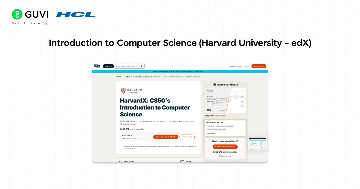 Infographic of the screenshot of the Introduction to computer science by Harvard university - edx.