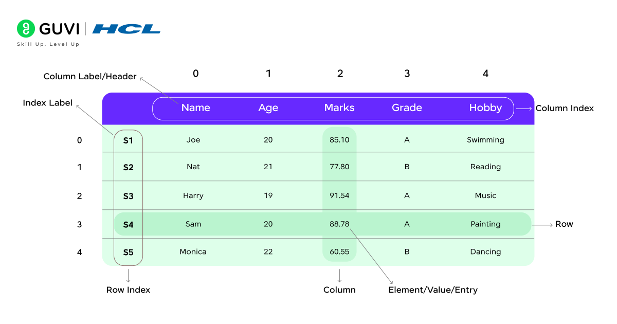 A Pandas DataFrame visualization showing labeled rows and columns.