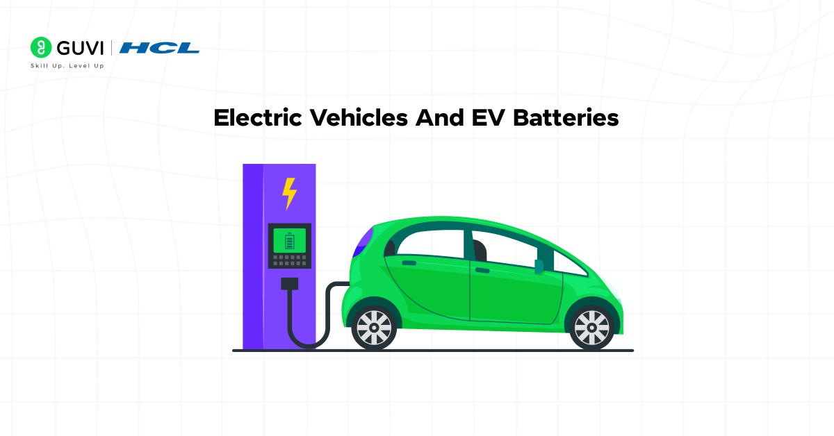 Illustration of electric vehicles and EV batteries.