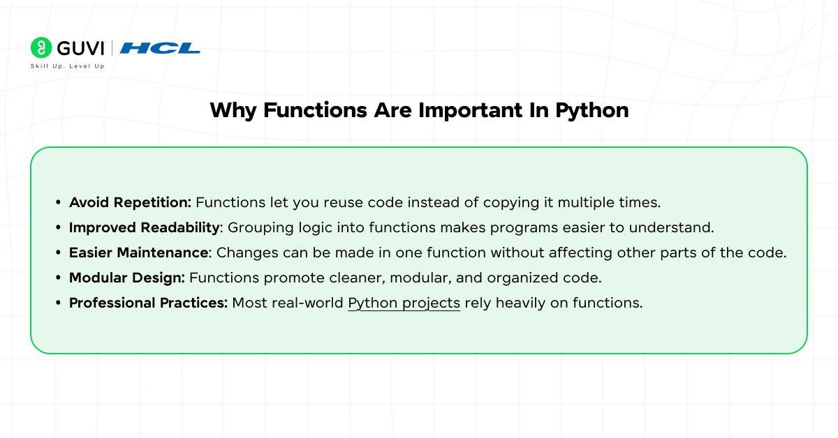 Infographic showing why functions are important in python.