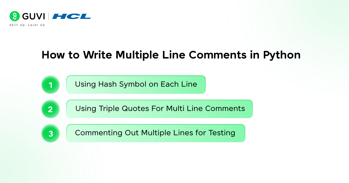 Infographic showing how to write multiple line comments in python.