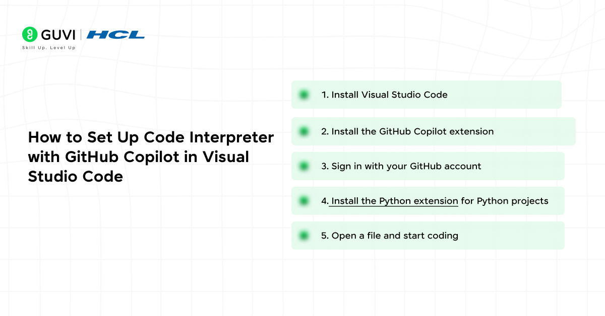 Infographic showing how to set up code interpreter with GitHub Copilot in Visual Studio Code