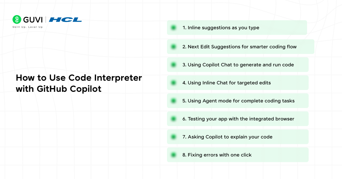 Infographic showing how to use code interpreter with GitHub Copilot.