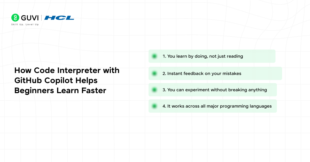 Infographic showing how code interpreter with GitHub Copilot helps beginners learn faster.