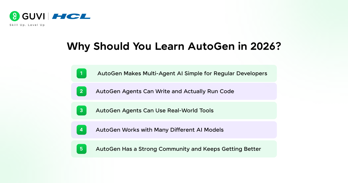 Infographic showing why should you learn AutoGen in 2026.