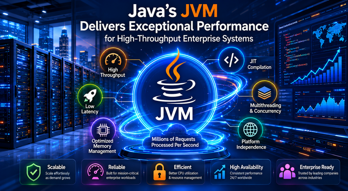 Why Java Still Dominates the Programming World? 1 Illustration of Java Virtual Machine (JVM) architecture powering a high-performance enterprise environment, with servers, data processing streams, and performance indicators symbolizing Java's ability to handle high-throughput workloads, low-latency processing, and large-scale business applications.